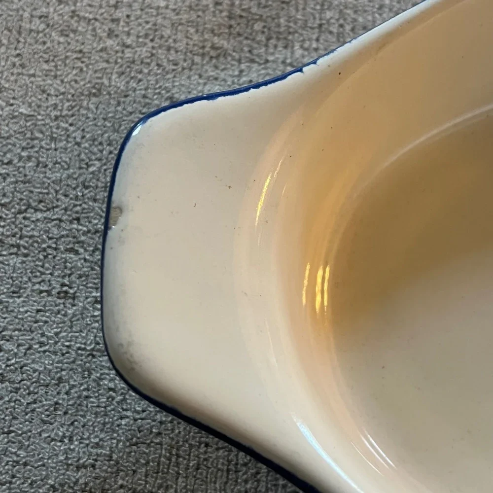 Vintage Cobalt Blue Cream Oval Stoneware Au Gratin Baking Dish Ceramic 13.5 Inch